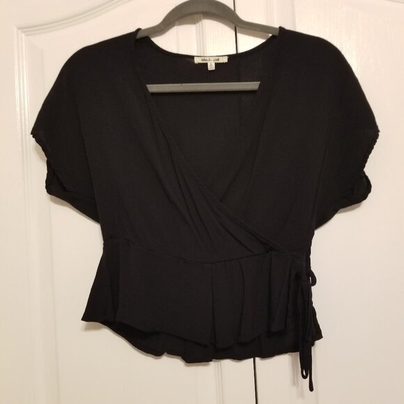 Black Wrap Top Peplum Style Blouse with Tie and Front Pleat Small Bleuh Ciel - Picture 2 of 10